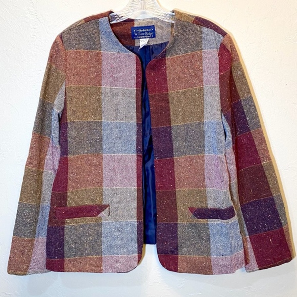 Womens Vintage Blazer Woven Jacket Tweed Plaid